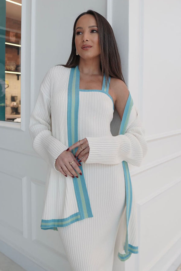 Casaco Tricot Flavia Off White e Azul Mergulho