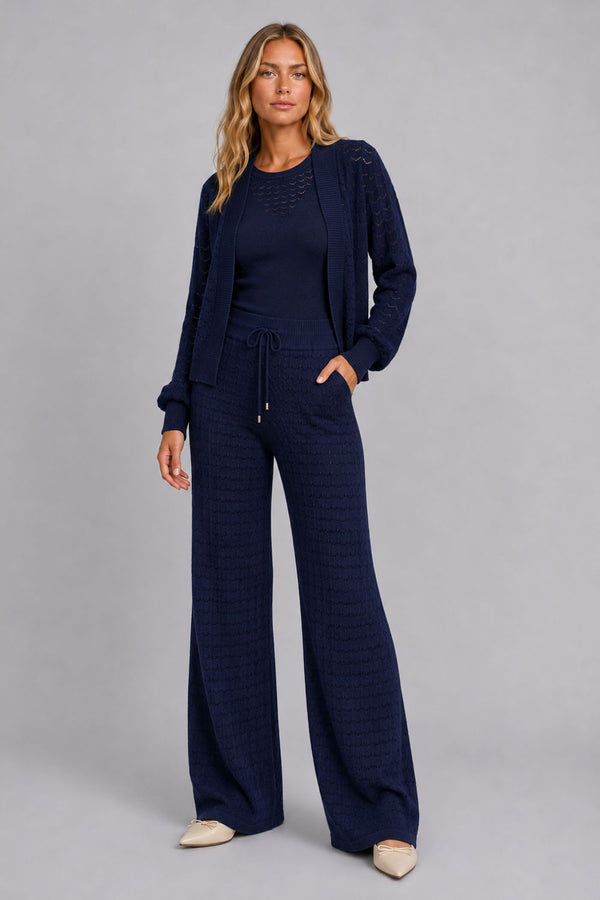 Calça Tricot Pantalona Blanche Azul Marinho