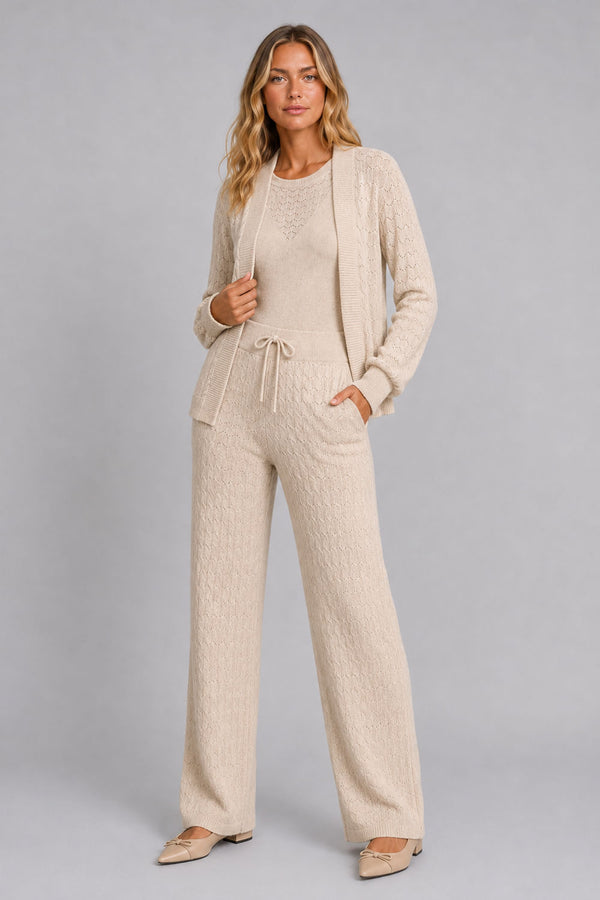 Calça Tricot Pantalona Blanche Bege Areia