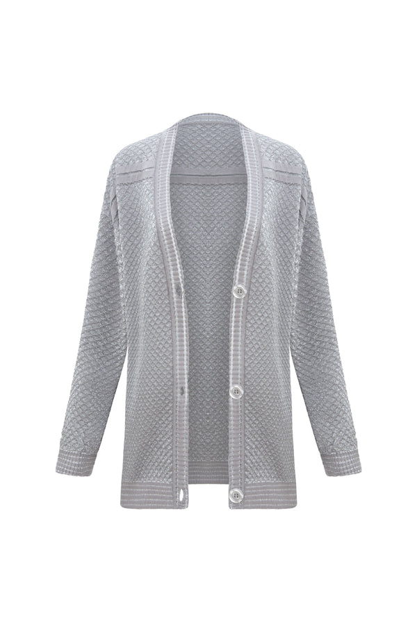 Casaco Tricot Yara Lurex Cinza Claro