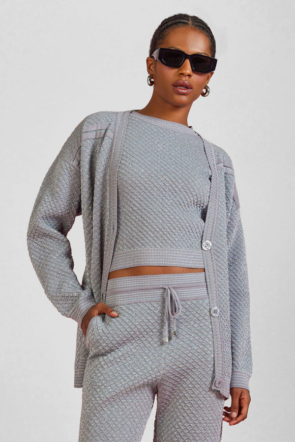 Casaco Tricot Yara Lurex Cinza Claro