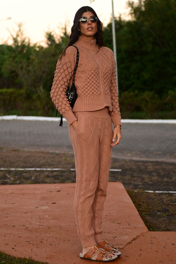 Conjunto Tricot Rose Amêndoa