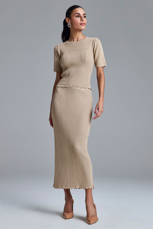 Saia Tricot Midi Lavinia Bege Corça