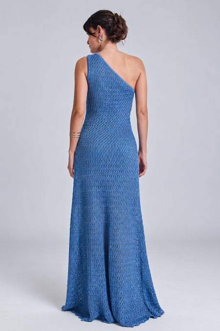 Vestido Tricot Midi Sheila Azul Celeste e Prata
