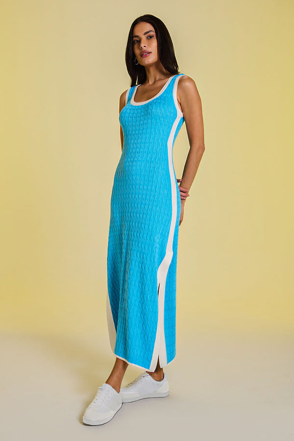 Vestido Tricot Midi Angelina Azul Mergulho e Off White
