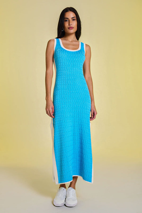 Vestido Tricot Midi Angelina Azul Mergulho e Off White