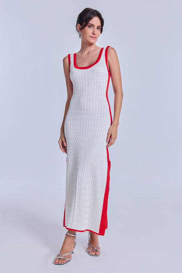 Vestido Tricot Midi Angelina Off White e Vermelho