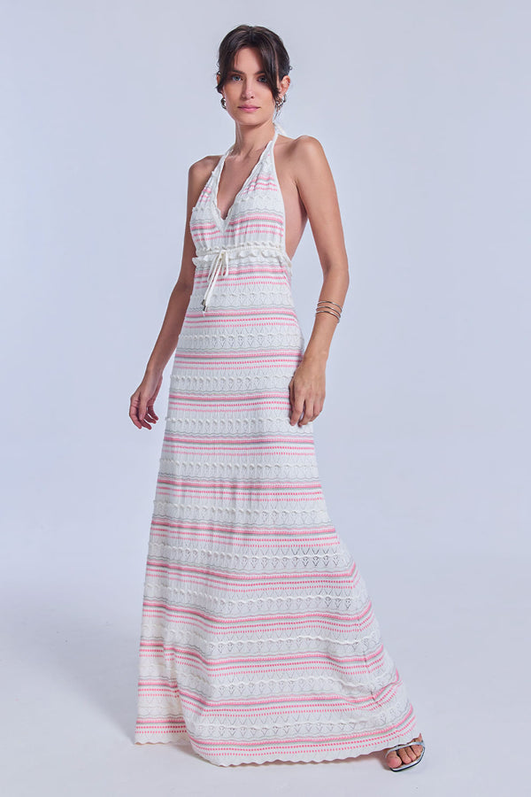 Vestido Tricot Midi Solange Off White e Rosa Cosmo