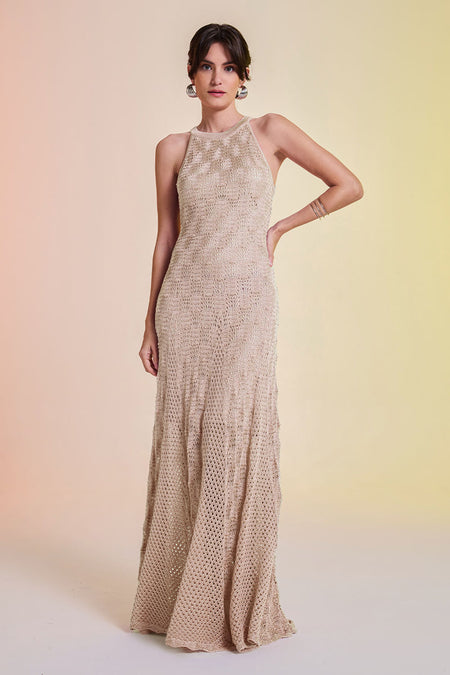 Vestido Tricot Longo Gabriele Bege Caqui