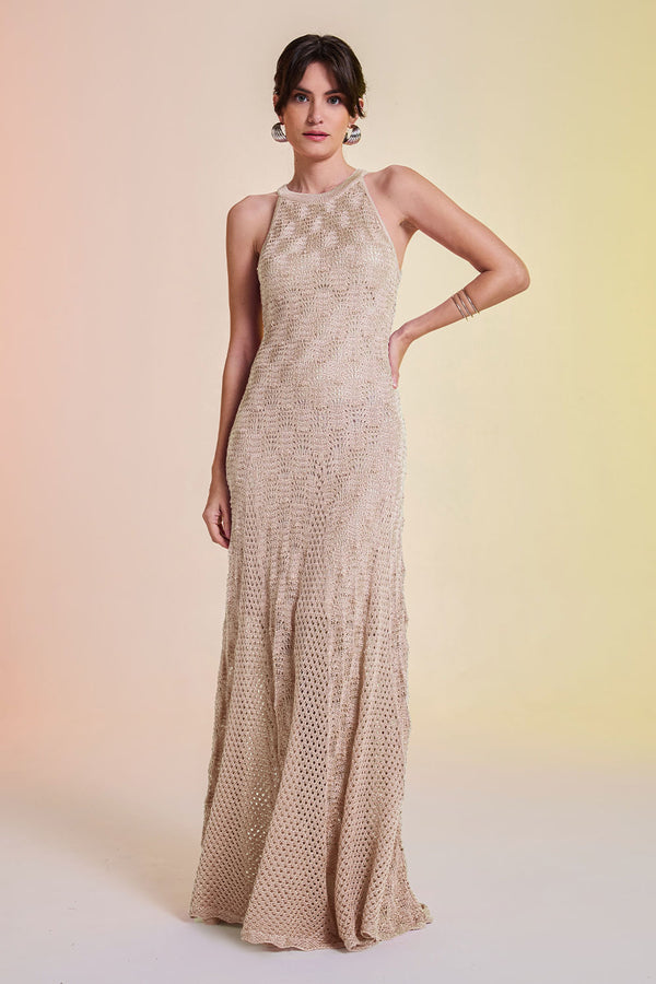 Vestido Tricot Longo Gabriele Bege Caqui