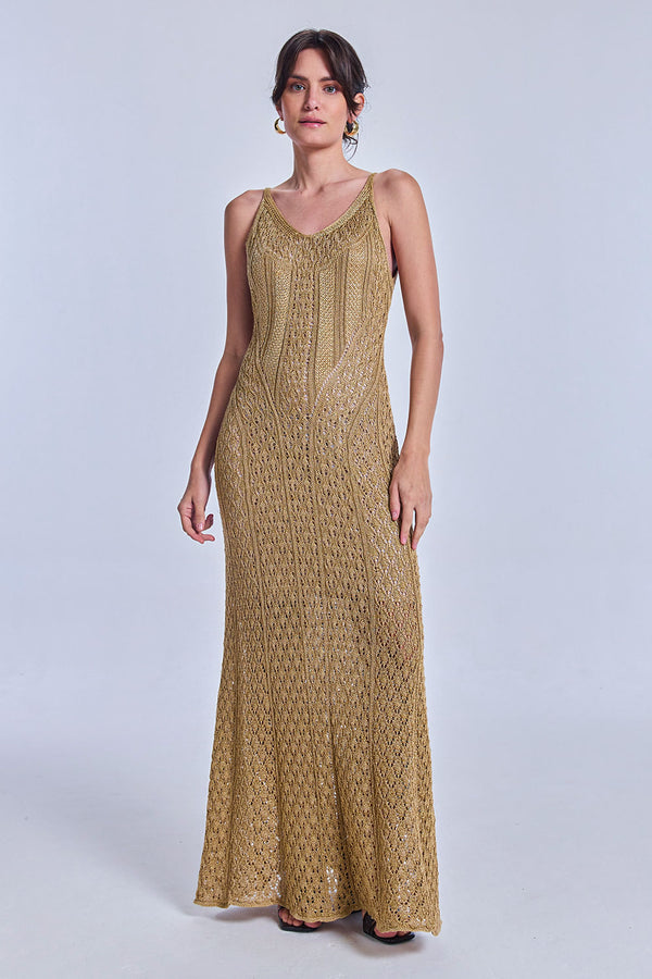 Vestido Tricot Longo Rafaela Bege Max e Dourado
