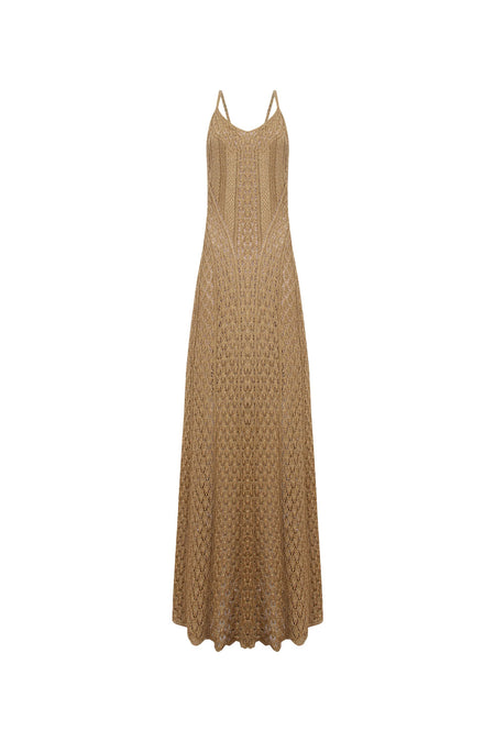 Vestido Tricot Longo Rafaela Bege Max e Dourado