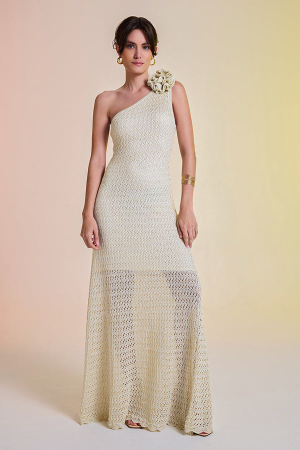 Vestido Tricot Midi Sheila Off White e Dourado