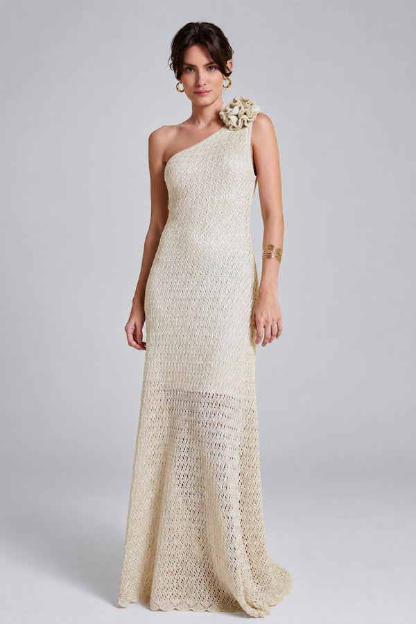 Vestido Tricot Midi Sheila Off White e Dourado