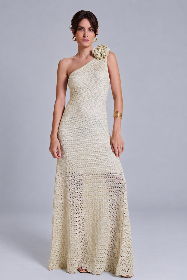 Vestido Tricot Midi Sheila Off White e Dourado