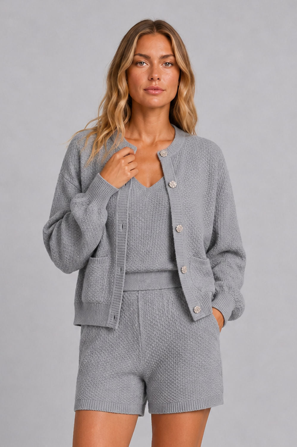 Casaco Tricot Amora Cinza Mescla