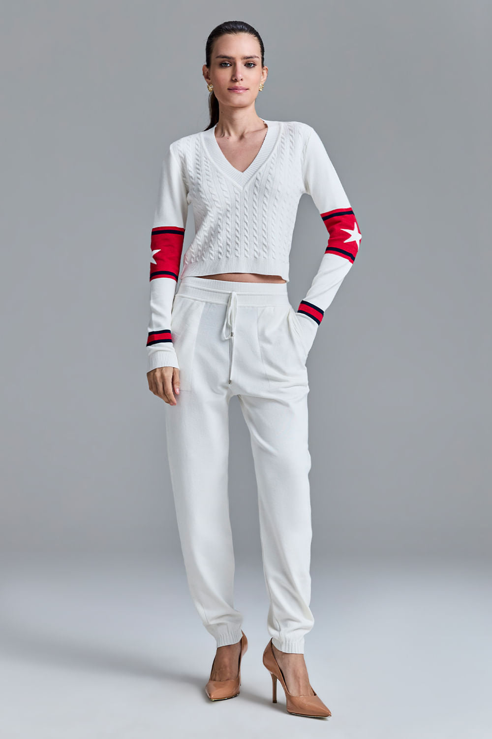 Blusa Tricot Cibele Off White Com Vermelho