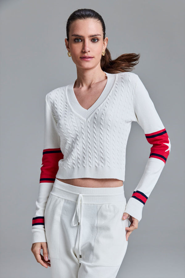 Blusa Tricot Cibele Off White Com Vermelho