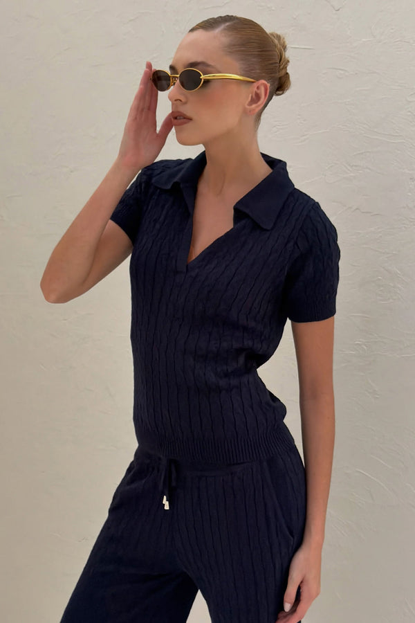 Blusa Tricot Ana Manga Curta Marinho