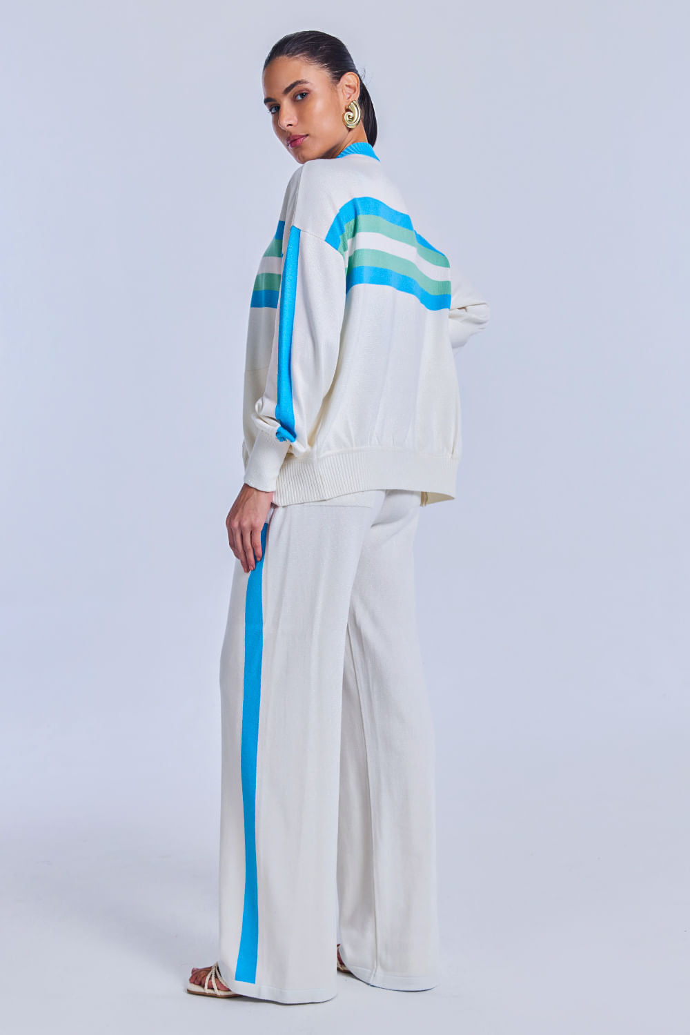 Calça Tricot Fabiana Off White e Azul Mergulho