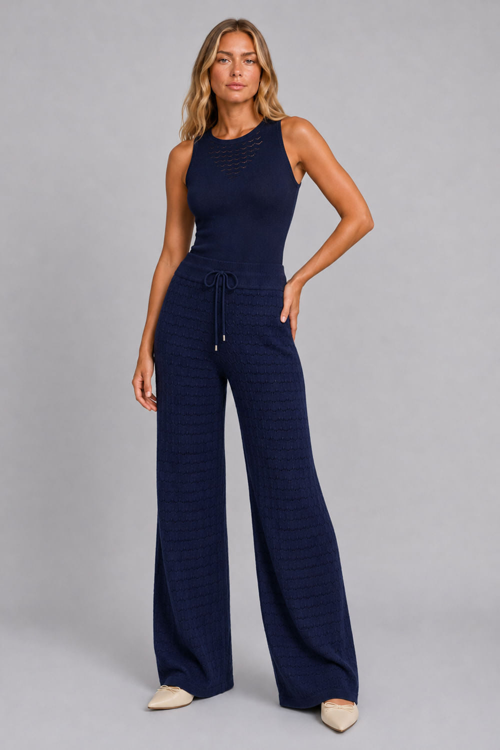 Calça Tricot Pantalona Blanche Azul Marinho