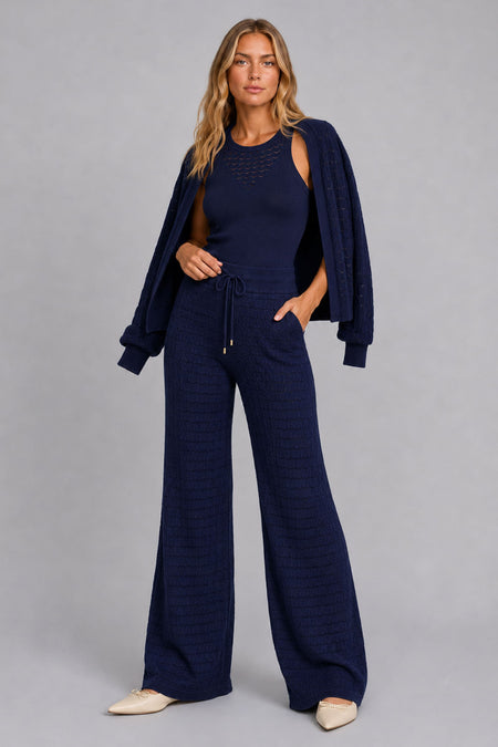 Calça Tricot Pantalona Blanche Azul Marinho