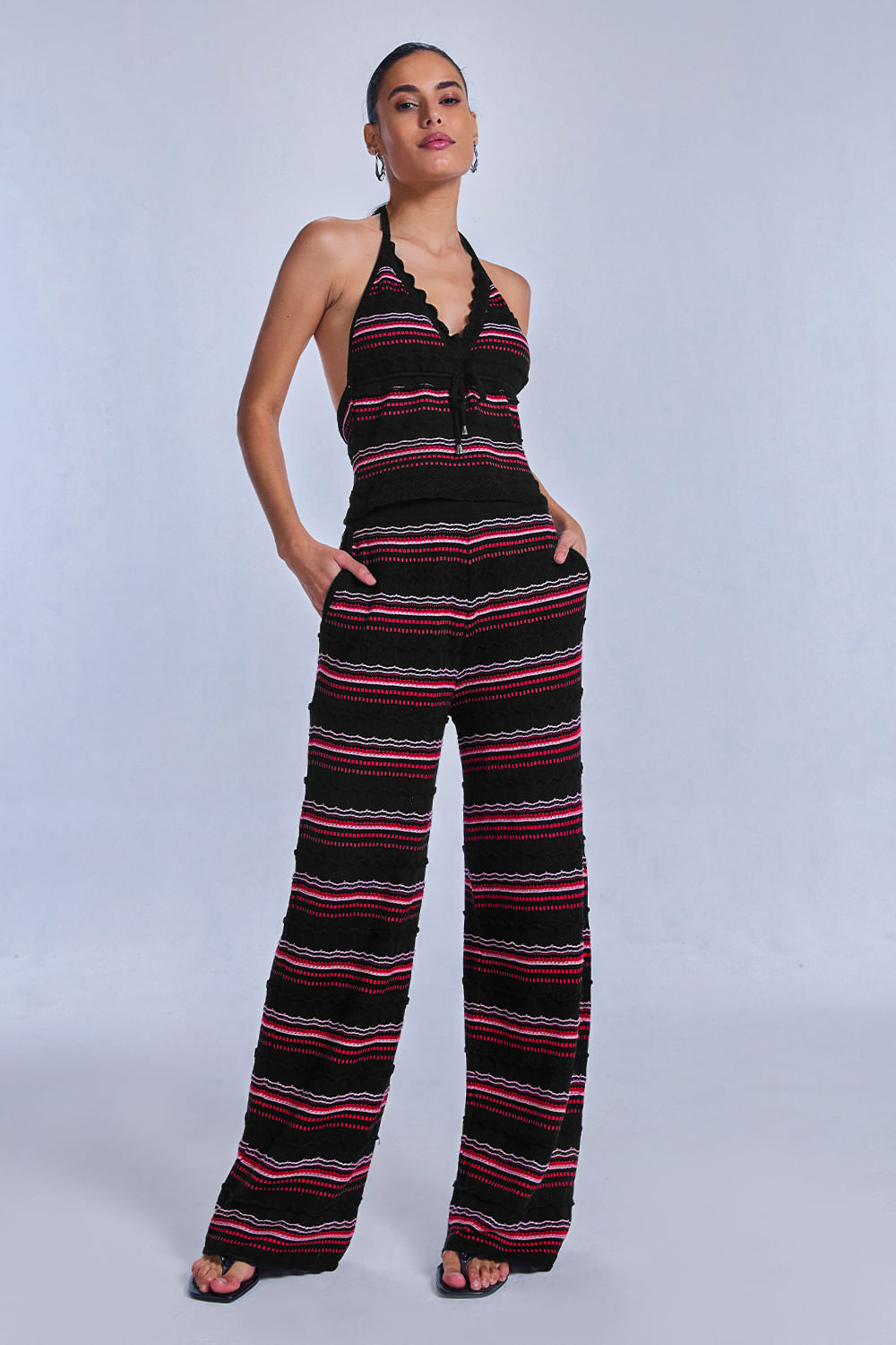 Conjunto Tricot Solange Preto E Rosa Candy