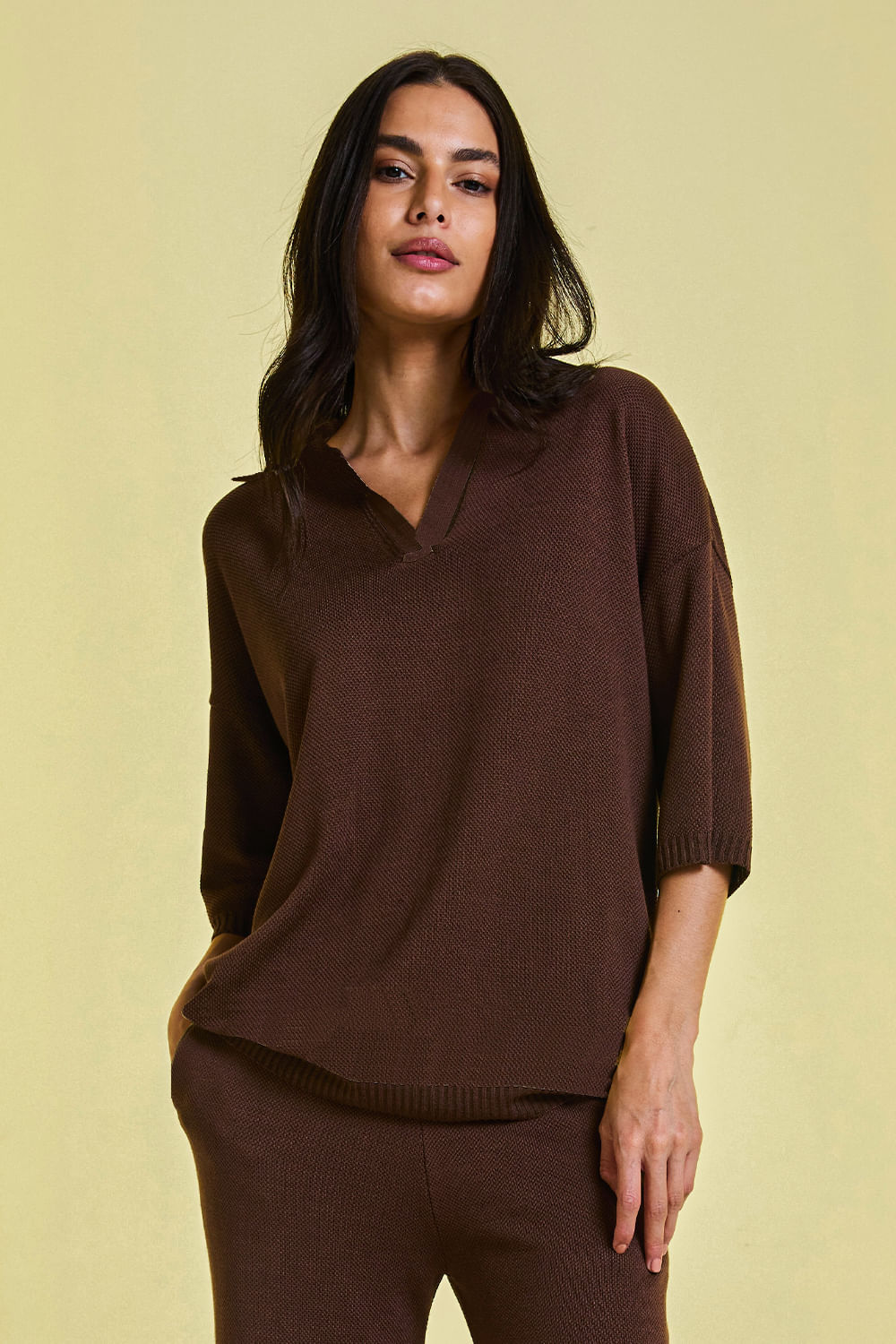 Camisa Tricot Leda Manga Curta Cacau