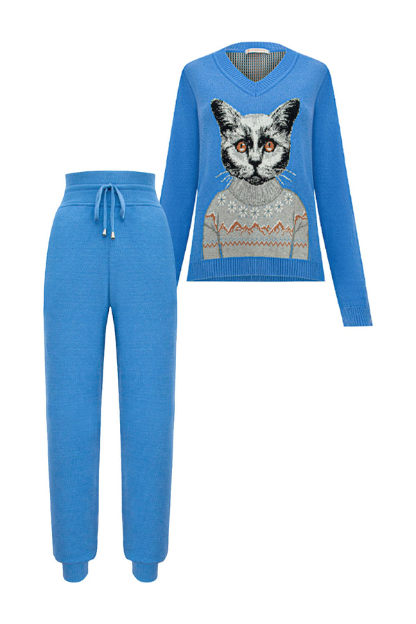 Conjunto Blusa Tricot Kitty + Calça Morgana Azul Tranquili