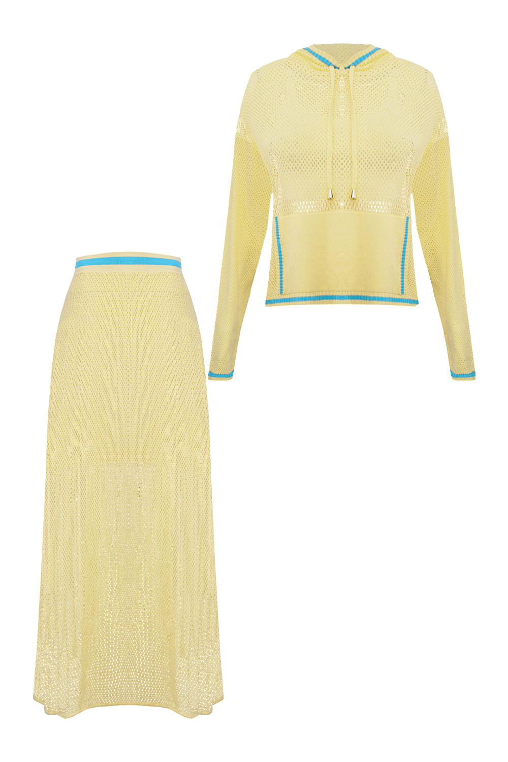 Conjunto Cropped + Saia Eloá Amarelo Manteiga e Azul Mergulho