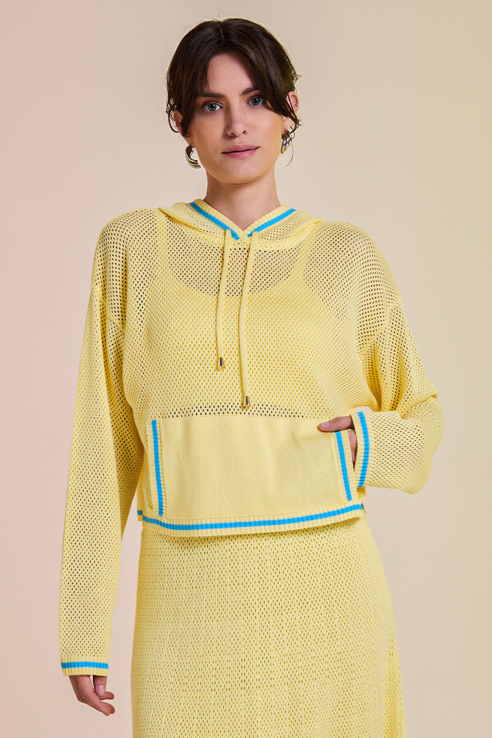Cropped Tricot Eloá Com Top Amarelo Manteiga e Azul Mergulho