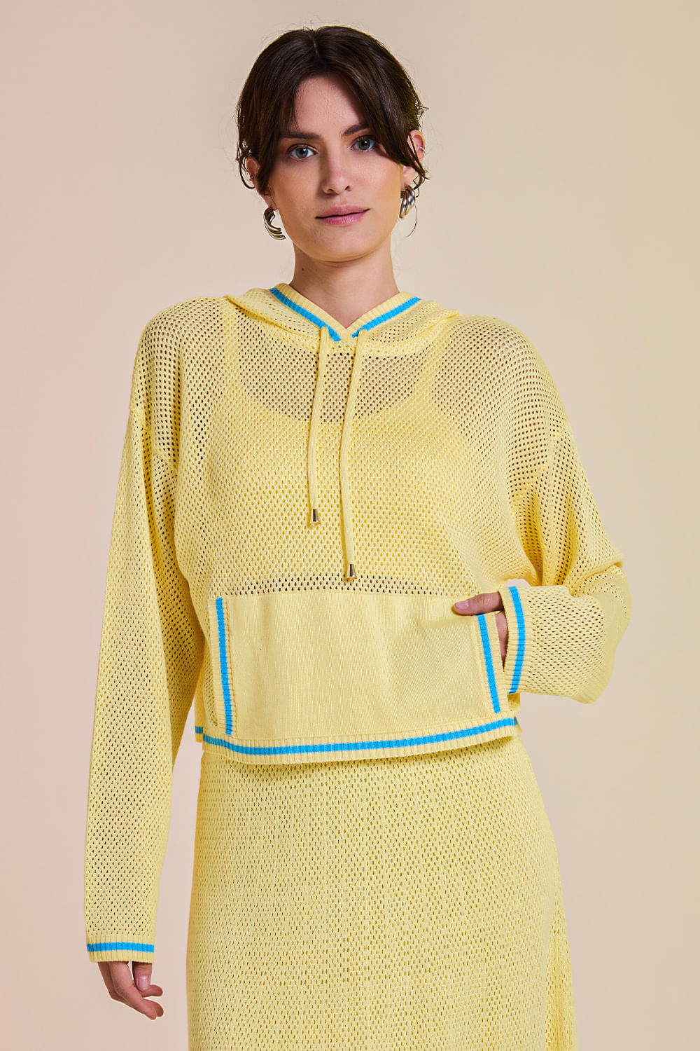 Cropped Tricot Eloá Com Top Amarelo Manteiga e Azul Mergulho