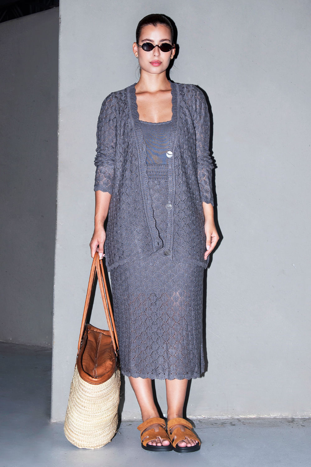 Saia Tricot Midi Debora Cinza Stone