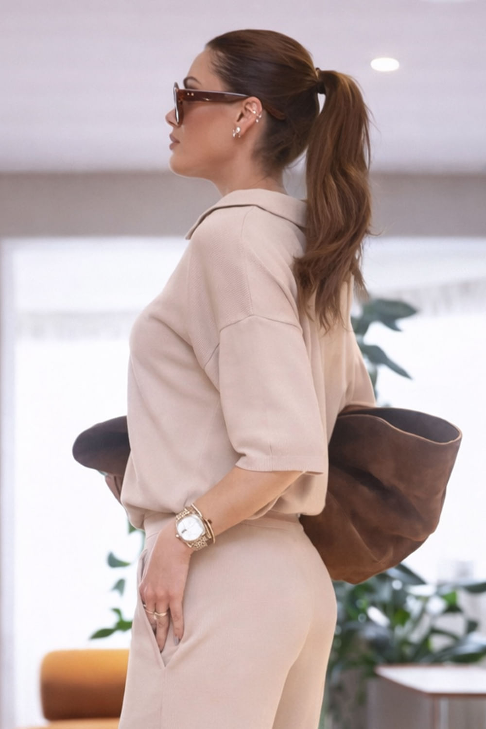 Camisa Tricot Leda Manga Curta Bege Areia