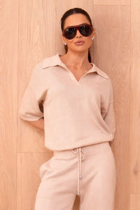 Camisa Tricot Leda Manga Curta Bege Areia