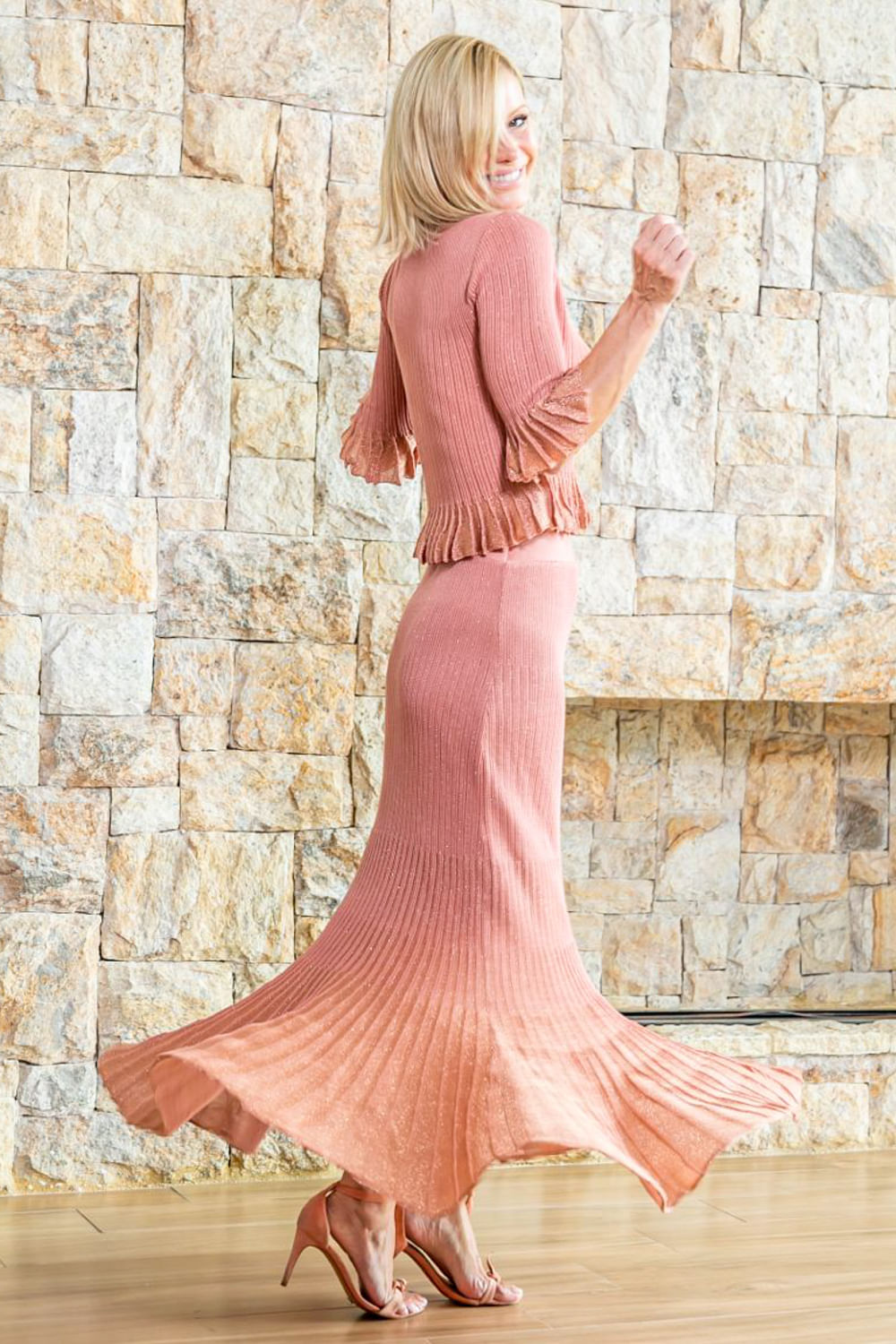 Saia Tricot Midi Ayla Rosa Chá