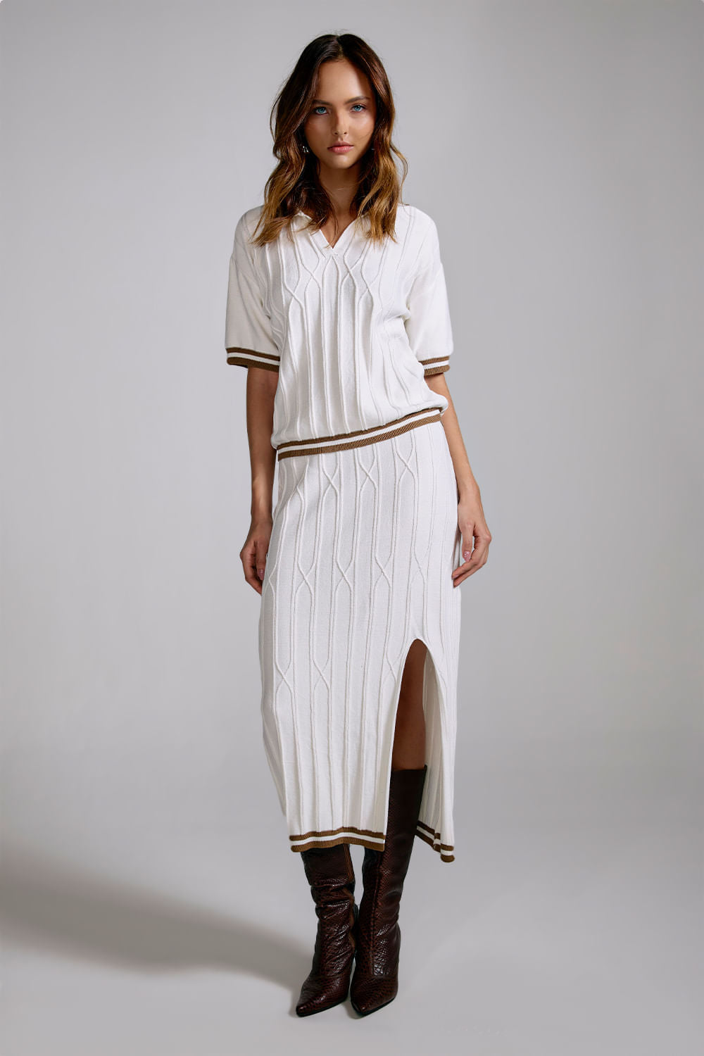 Saia Tricot Midi Alice Off White e Camel Soft