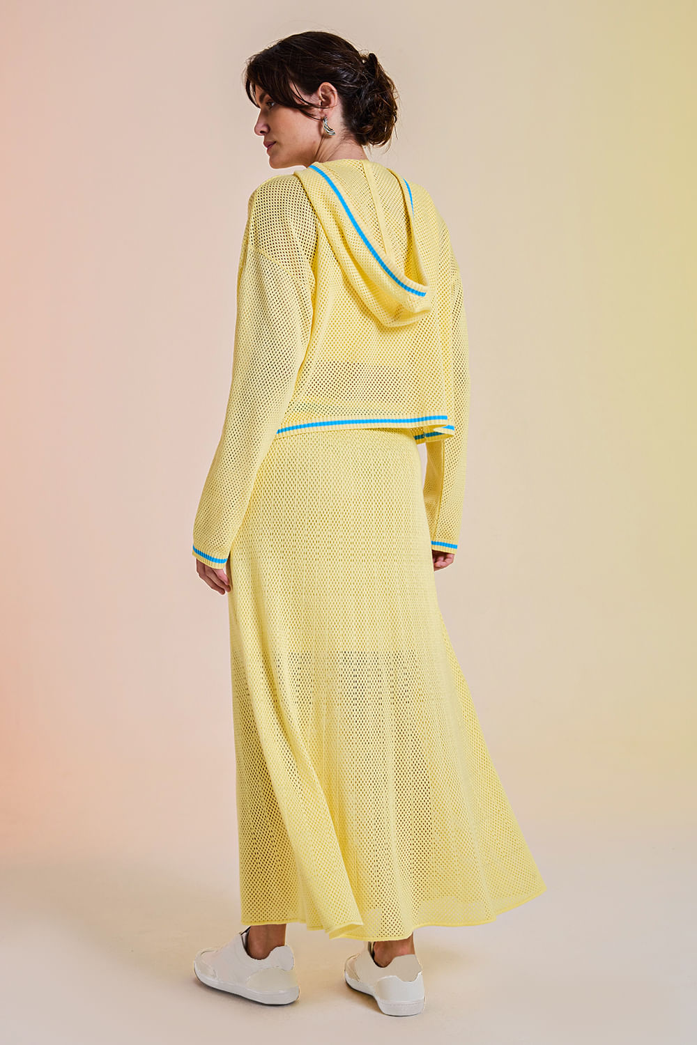 Conjunto Cropped + Saia Eloá Amarelo Manteiga e Azul Mergulho