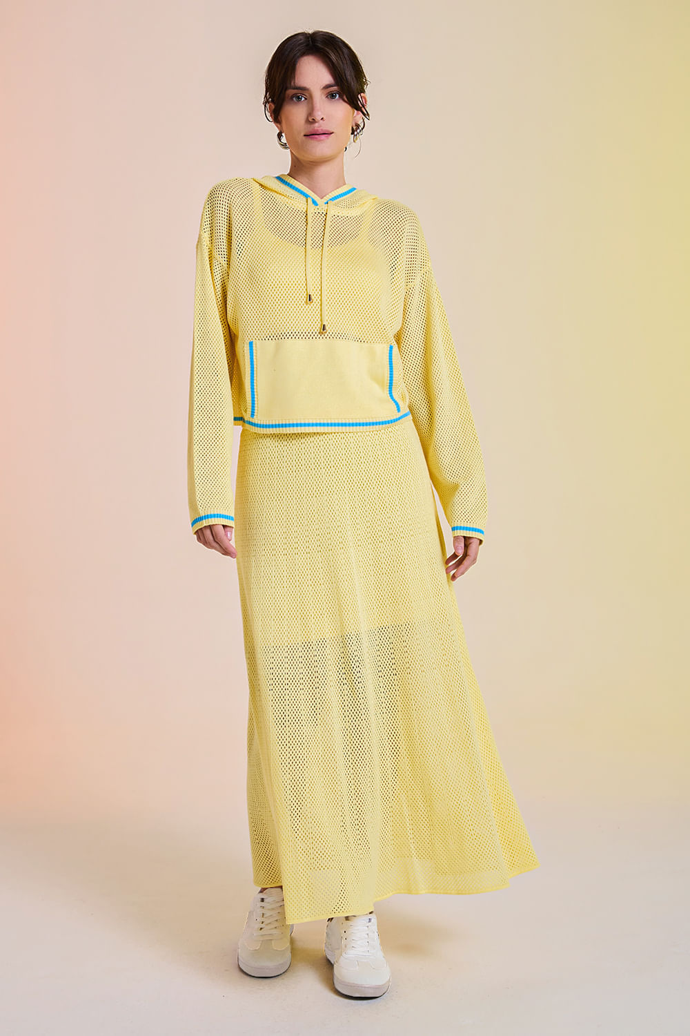 Saia Tricot Midi Eloá Amarelo Manteiga e Azul Mergulho