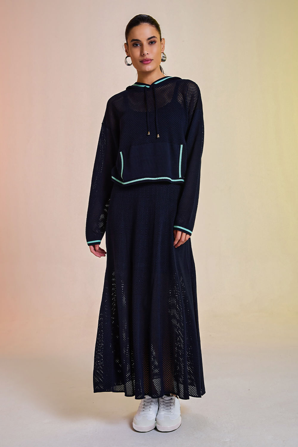 Saia Tricot Midi Eloá Marinho e Verde Jelly
