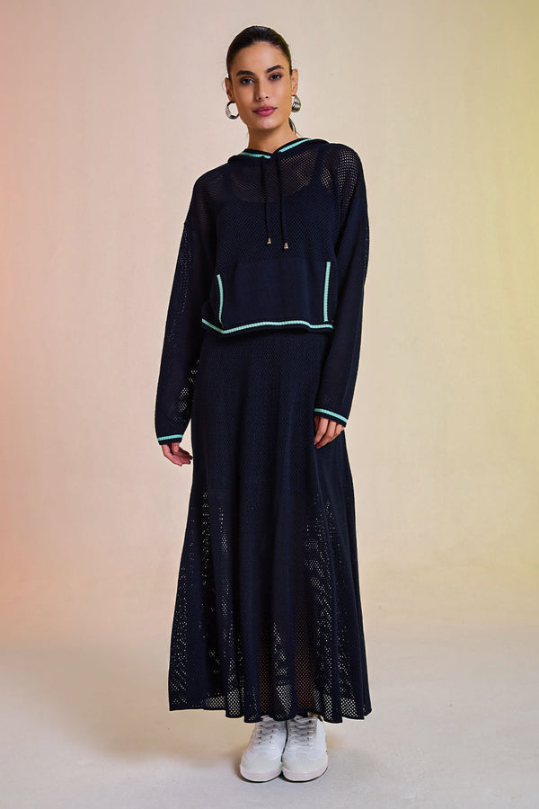 Saia Tricot Midi Eloá Marinho e Verde Jelly