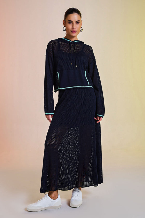Saia Tricot Midi Eloá Marinho e Verde Jelly