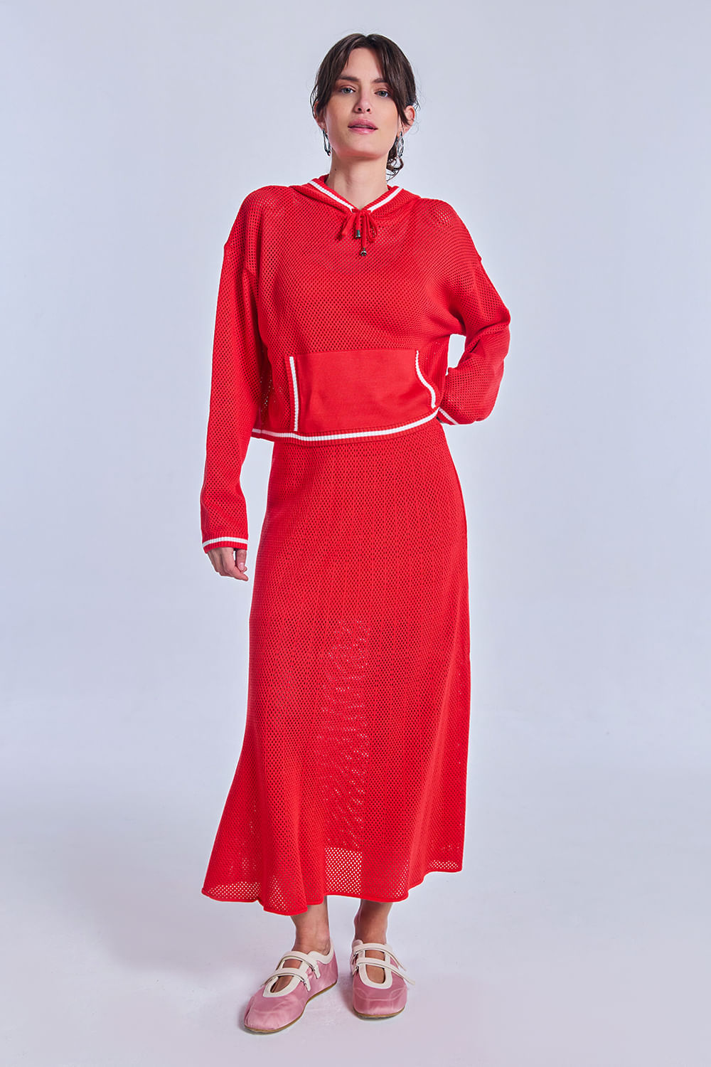 Saia Tricot Midi Eloá Vermelho Magma e Off White