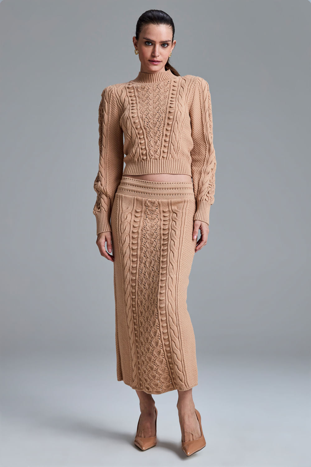 Saia Tricot Midi Georgea Amêndoa