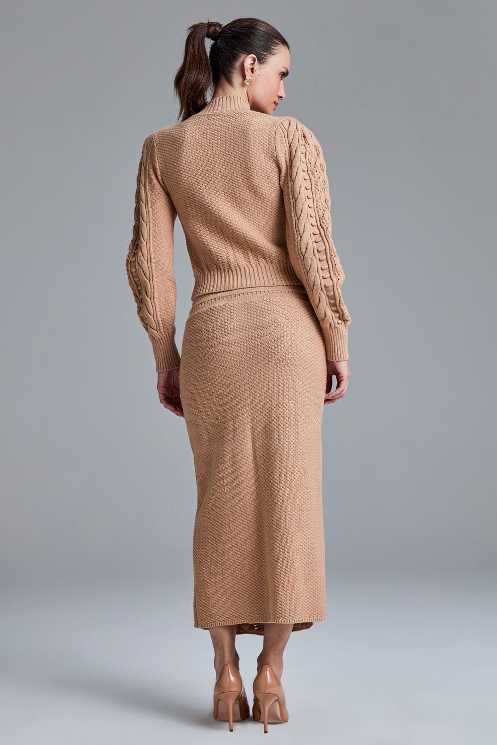 Saia Tricot Midi Georgea Amêndoa