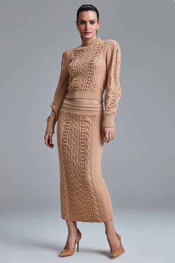 Saia Tricot Midi Georgea Amêndoa