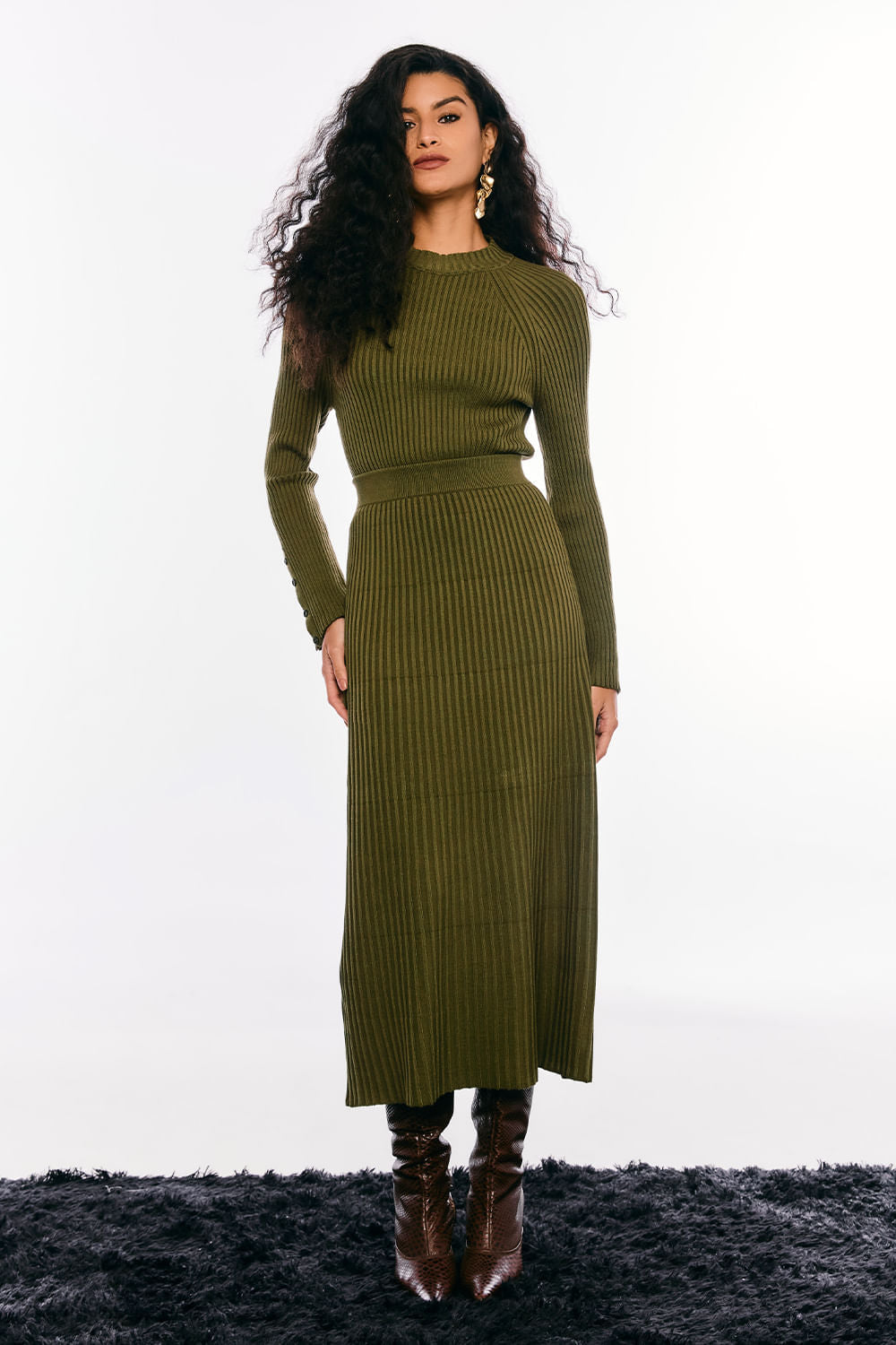 Saia Tricot Midi Ingrid Verde Oliva