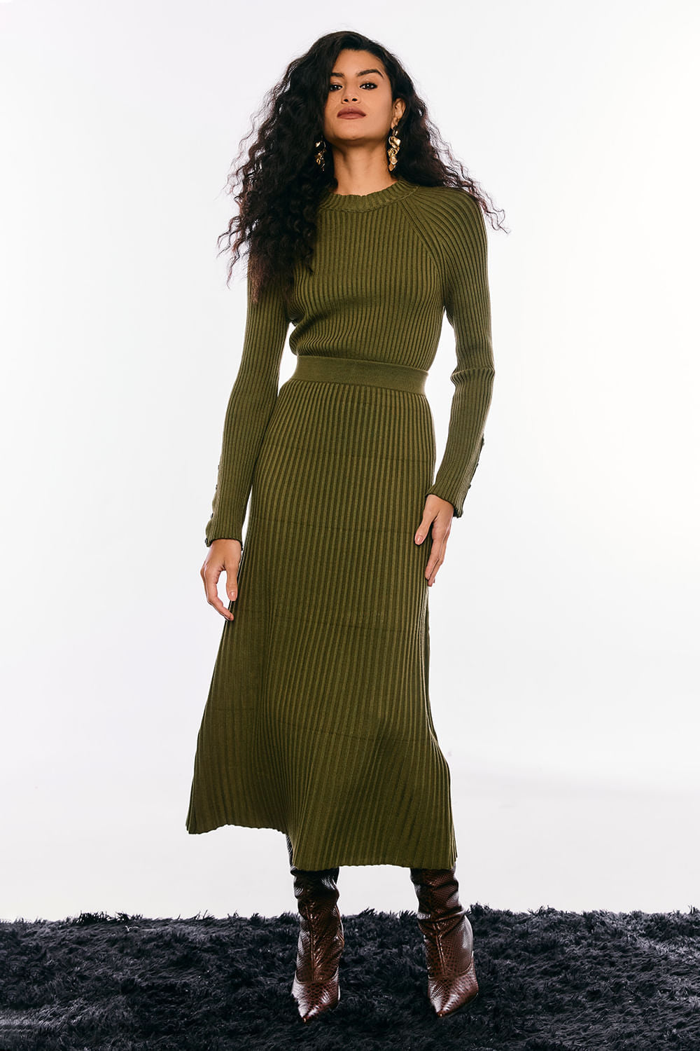 Saia Tricot Midi Ingrid Verde Oliva