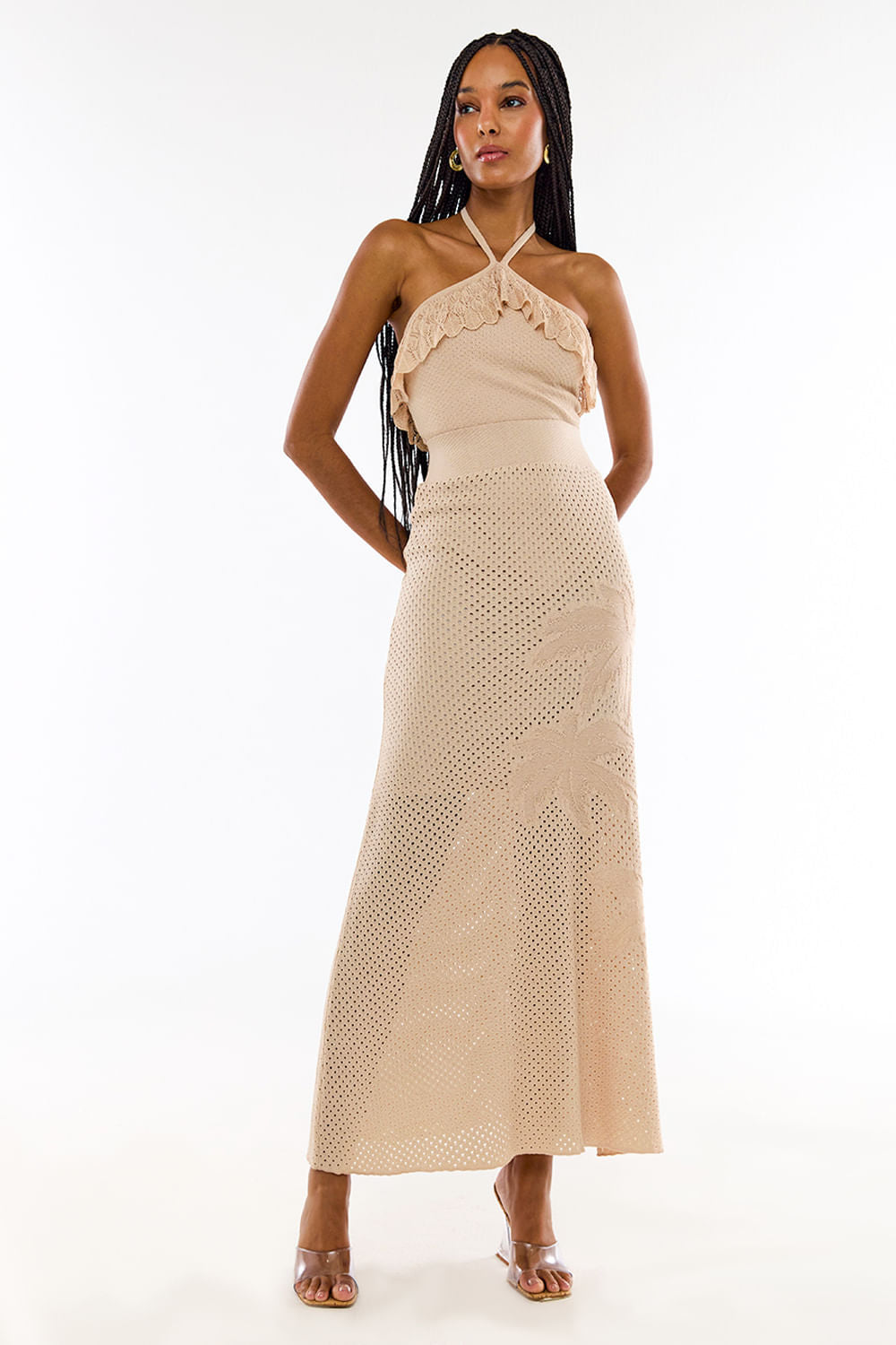 Saia Tricot Longa Tropical Bege Creamy