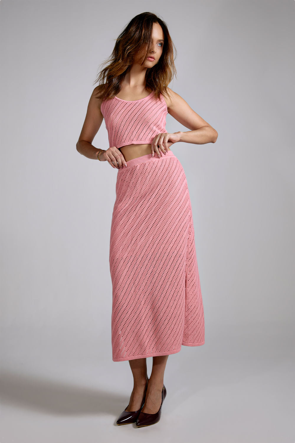 Saia Tricot Midi Martina Pink Chá